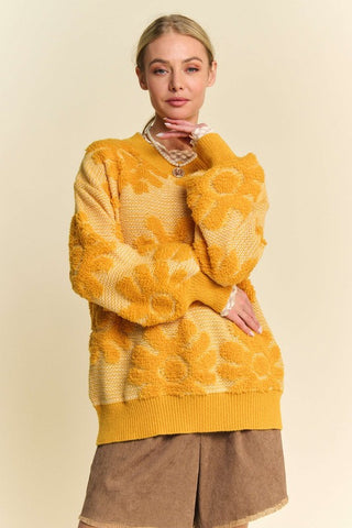 Davi & Dani Flower Texture Round Neck Dropped Shoulder Sweater - 1985 the VAULT Boutique