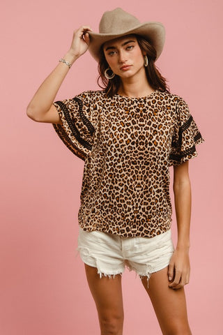 BiBi Leopard Crochet Trim Round Neck Short Sleeve Top - 1985 the VAULT Boutique