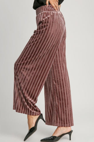 Umgee Full Size Elastic Waist Striped Wide Leg Velvet Pants - 1985 the VAULT Boutique