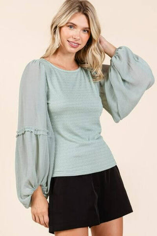 Mittoshop Mixed Media Textured Knit Chiffon Long Sleeve Top - 1985 the VAULT Boutique