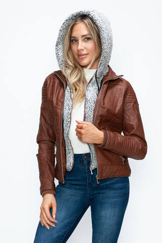 YMI Faux Layered Double-Zipper Jacket with Fuzzy Hood - 1985 the VAULT Boutique