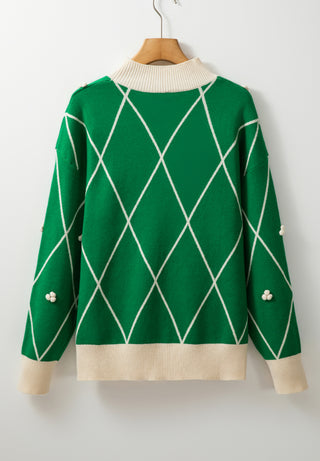 Diamond Pattern Contrast Trim Mock Neck Sweater - 1985 the VAULT Boutique