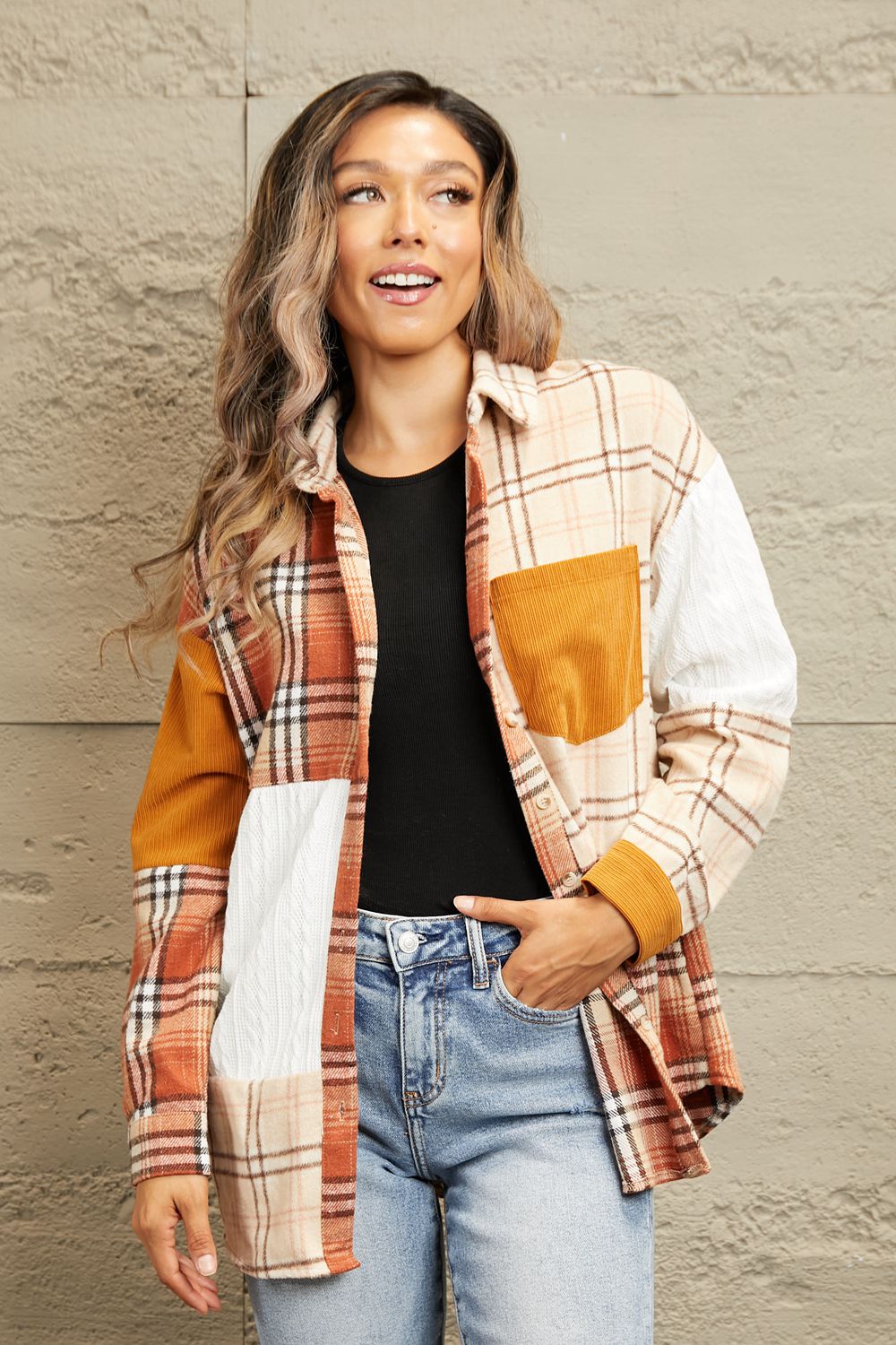 Double Take Plaid Color Block Dropped Shoulder Shacket - 1985 THE VAULT