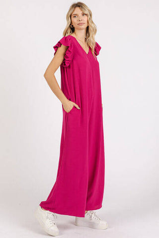 Mittoshop V-Neck Ruffled Cap Sleeve Wide Leg Jumpsuit - 1985 the VAULT Boutique