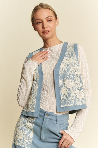 Davi & Dani Lace Patch Open Front Denim Vest - 1985 the VAULT Boutique