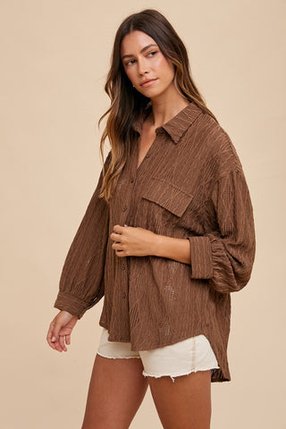 Annie Wear Openwork Button Down Drop Shoulder Shirt - 1985 the VAULT Boutique