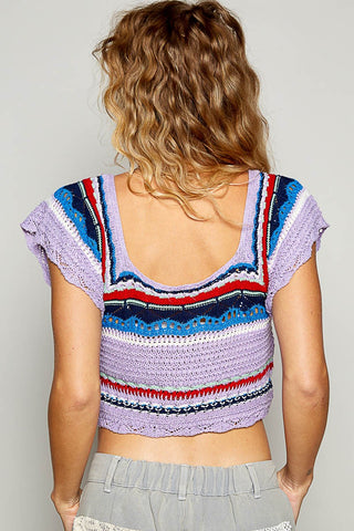 POL Openwork Ethnic Pattern Square Neck Cropped Knit Top - 1985 the VAULT Boutique