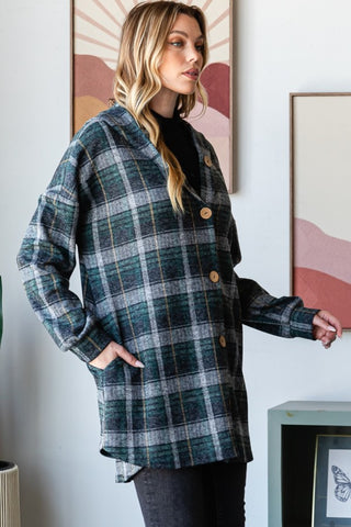 Heimish Plaid Button Down Long Sleeve Hooded Cardigan - 1985 the VAULT Boutique