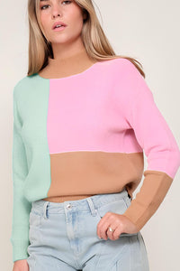 Color Block Mock Neck Ribbed Trim Sweater