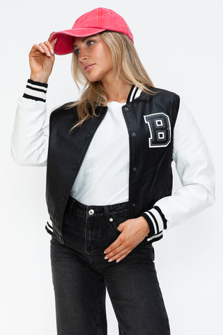 Love Me Now PU Leather Contrast Snap Down Bomber Jacket - 1985 the VAULT Boutique