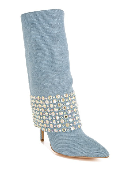 Mike Drop Diamante & Rhinestones Denim Boots - 1985 the VAULT Boutique