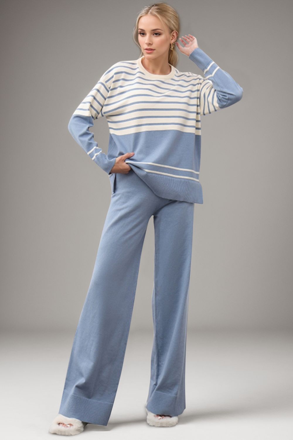 Striped Round Neck Long Sleeve Top and Pants Sweater Set - 1985 the VAULT Boutique