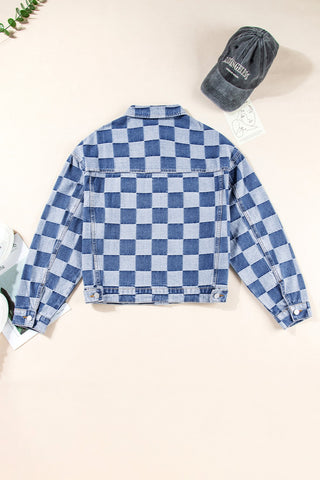 Checkered Button Up Long Sleeve Denim Jacket - 1985 the VAULT Boutique