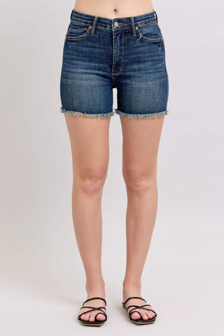 Judy Blue Tummy Control Fray Hem & Shield Back Pockets Denim Shorts - 1985 the VAULT Boutique