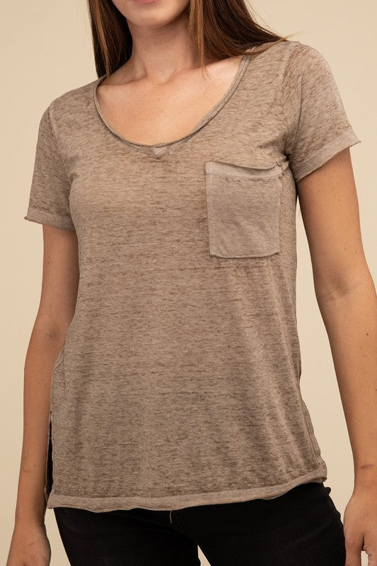 Basic Washed Melange Burnout Scoop V-Neck Top - 1985 the VAULT Boutique