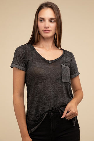 Basic Washed Melange Burnout Scoop V-Neck Top - 1985 the VAULT Boutique