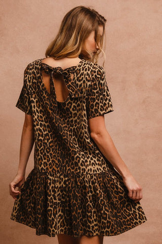 BiBi Tie Back Leopard Round Neck Short Sleeve Dress - 1985 the VAULT Boutique