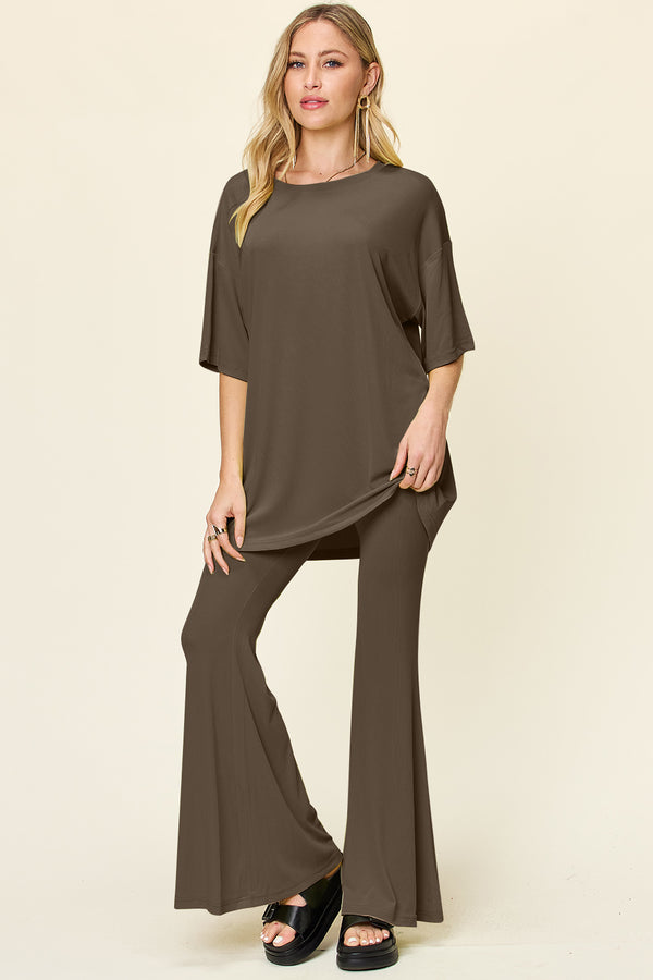 Double Take Full Size Round Neck Drop Shoulder T-Shirt and Flare Pants Set - 1985 the VAULT Boutique