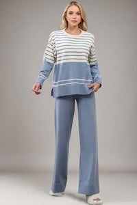 Striped Round Neck Long Sleeve Top and Pants Sweater Set - 1985 the VAULT Boutique