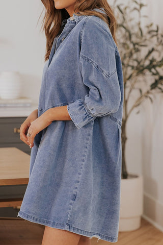 Distressed Collared Neck Flounce Sleeve Denim Dress - 1985 the VAULT Boutique