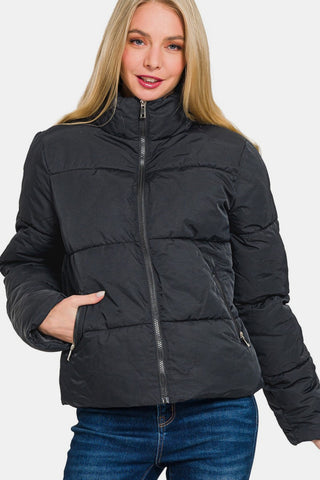 Zenana Zip Up Turtleneck Puffer Jacket with Pockets - 1985 the VAULT Boutique