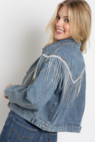 CROP DENIM JACKET WITH RHINESTONE FRINGE - 1985 the VAULT Boutique