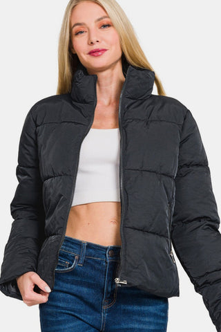 Zenana Zip Up Turtleneck Puffer Jacket with Pockets - 1985 the VAULT Boutique