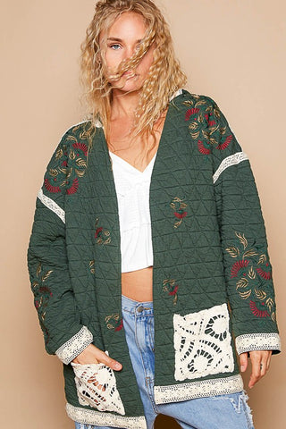 POL Embroidered Open Front Quilted Jacket with Crochet Pockets - 1985 the VAULT Boutique