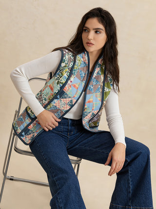 Printed Patchwork Contrast Piping Vest - 1985 the VAULT Boutique