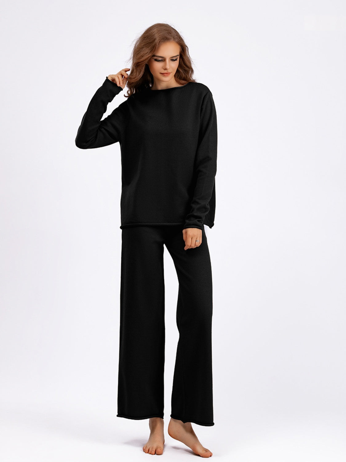 Basic Bae Rolled Round Neck Top and Pants Sweater Set - 1985 the VAULT Boutique