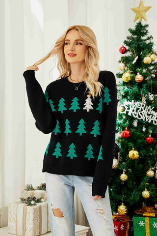 Christmas Tree Round Neck Ribbed Trim Sweater - 1985 the VAULT Boutique