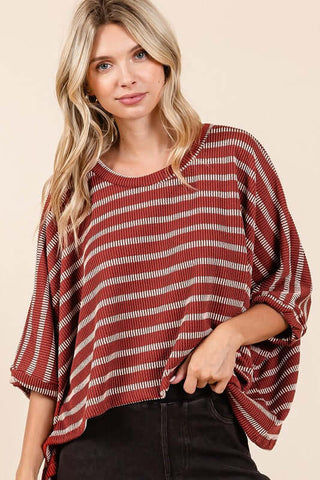 Mittoshop Texture Striped Print Round Neck Dolman Sleeve Top - 1985 the VAULT Boutique