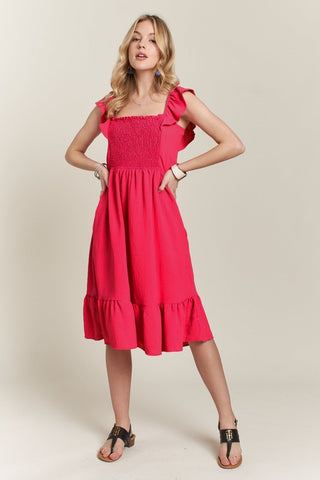 ADORA Smocked Square Neck Ruffled Cap Sleeve Dress