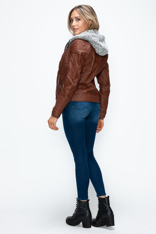 YMI Faux Layered Double-Zipper Jacket with Fuzzy Hood - 1985 the VAULT Boutique