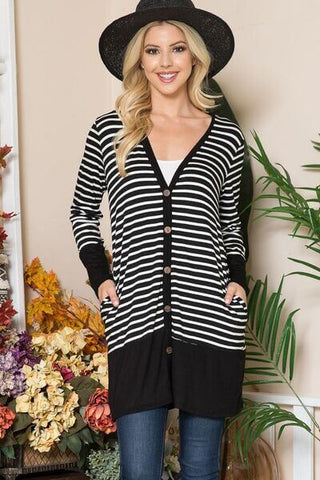 Celeste Full Size Striped Button Up Long Sleeve Cardigan Plus Size - 1985 the VAULT Boutique