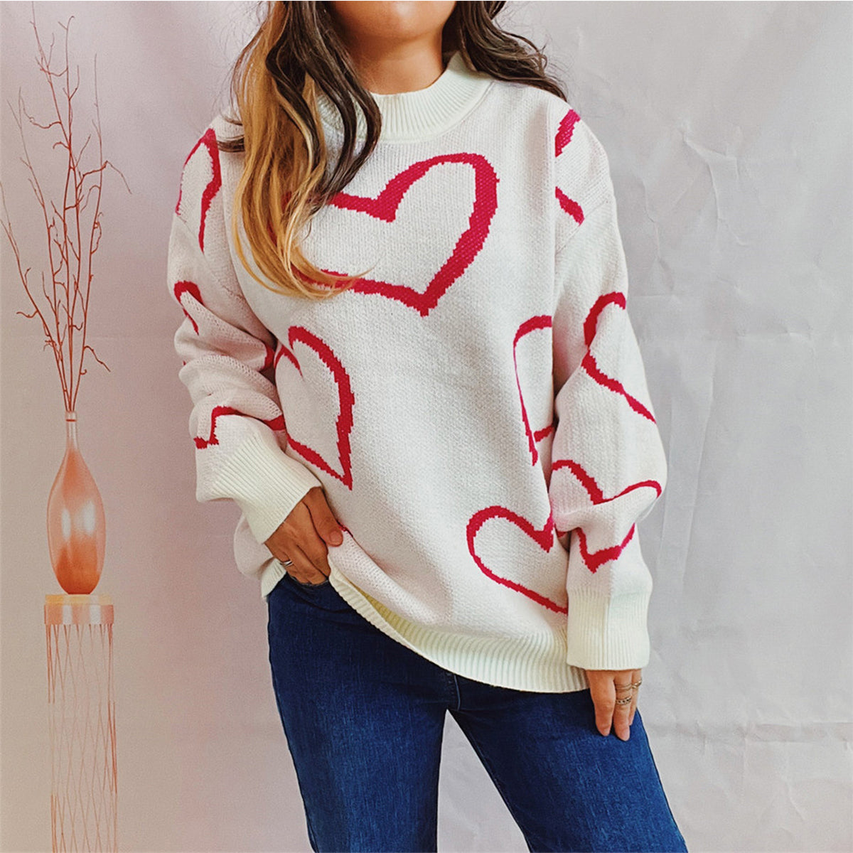 Heart Pattern Long Sleeve Sweater - 1985 the VAULT Boutique