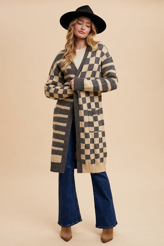 Annie Wear Checkered & Striped Open Front Long Sleeve Cardigan - 1985 the VAULT Boutique