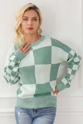 Checkered Drop Shoulder Long Sleeve Sweater - 1985 the VAULT Boutique