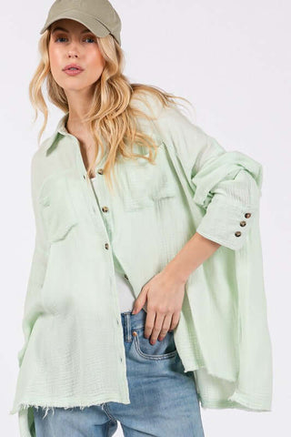 SAGE + FIG Frayed Hem Side Slit Button Down Shirt - 1985 the VAULT Boutique