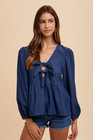 Annie Wear Tie Front Peplum Long Sleeve Denim Top - 1985 the VAULT Boutique