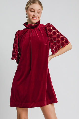 Umgee Dotted Lace Half Sleeve Mock Neck Back Tie Velvet Dress - 1985 the VAULT Boutique