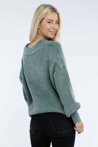 Washed Collared Henley Sweater - 1985 the VAULT Boutique