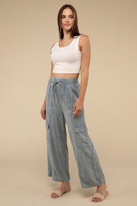 Washed Linen Elastic Band Waist Cargo Pants - 1985 the VAULT Boutique