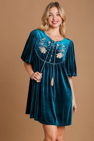 Umgee Embroidered Half Sleeve Velvet Mini Dress with Tassel - 1985 the VAULT Boutique