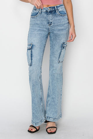 RISEN Full Size High Rise Cargo Flare Jeans - 1985 the VAULT Boutique