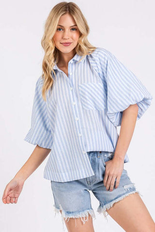 Mittoshop Button Down Striped Puff Sleeve Shirt - 1985 the VAULT Boutique