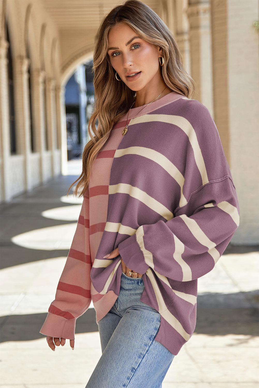 Striped Round Neck Long Sleeve Knit Top - 1985 THE VAULT