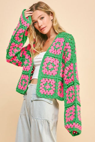 Davi & Dani Full Size Two Tone Flower Square Crochet Open Front Cardigan - 1985 the VAULT Boutique