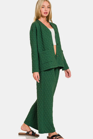 Zenana Quilted Button Up Long Sleeve Top and Pants Lounge Set - 1985 the VAULT Boutique