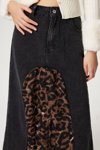 Slit Leopard Midi Denim Skirt - 1985 the VAULT Boutique